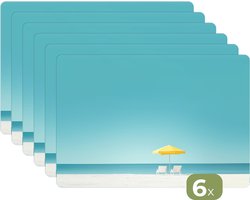 Placemats - 6 stuks - 45x30 cm - Placemat kunststof - Strand - Blauwe lucht - Geel - Parasol - Borden onderleggers - Decoratie voor op tafel - Keuken tafeldecoratie accessoires - Vinyl onderlegger - Tafelversiering