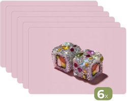 Placemats - 6 stuks - 45x30 cm - Placemat kunststof - Sushi - Rolletjes - Steentjes - Kleurrijk - Borden onderleggers - Decoratie voor op tafel - Keuken tafeldecoratie accessoires - Vinyl onderlegger - Tafelversiering