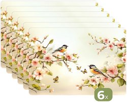 Placemats - 6 stuks - 45x30 cm - Placemat kunststof - Takken - Bloemen - Vogeltjes - Roze - Borden onderleggers - Decoratie voor op tafel - Keuken tafeldecoratie accessoires - Vinyl onderlegger - Tafelversiering