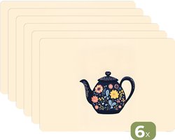 Placemats - 6 stuks - 45x30 cm - Placemat kunststof - Theepot - Kleurrijk - Bloemen - Borden onderleggers - Decoratie voor op tafel - Keuken tafeldecoratie accessoires - Vinyl onderlegger - Tafelversiering