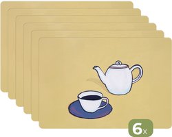 Placemats - 6 stuks - 45x30 cm - Placemat kunststof - Theepot - Kopje - Beige - Illustratie - Borden onderleggers - Decoratie voor op tafel - Keuken tafeldecoratie accessoires - Vinyl onderlegger - Tafelversiering