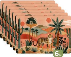 Placemats - 6 stuks - 45x30 cm - Placemat kunststof - Tijger - Palmen - Cactus - Oranje - Borden onderleggers - Decoratie voor op tafel - Keuken tafeldecoratie accessoires - Vinyl onderlegger - Tafelversiering