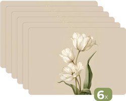 Placemats - 6 stuks - 45x30 cm - Placemat kunststof - Tulpen - Wit - Bladeren - Borden onderleggers - Decoratie voor op tafel - Keuken tafeldecoratie accessoires - Vinyl onderlegger - Tafelversiering