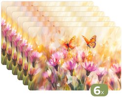 Placemats - 6 stuks - 45x30 cm - Placemat kunststof - Vlinders - Oranje - Bloemen - Borden onderleggers - Decoratie voor op tafel - Keuken tafeldecoratie accessoires - Vinyl onderlegger - Tafelversiering