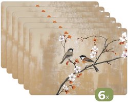 Placemats - 6 stuks - 45x30 cm - Placemat kunststof - Vogels - Bloesemtak - Bloemen - Oranje - Borden onderleggers - Decoratie voor op tafel - Keuken tafeldecoratie accessoires - Vinyl onderlegger - Tafelversiering