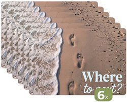 Placemats - 6 stuks - 45x30 cm - Placemat kunststof - Where to next - Strand - Voetstappen - Borden onderleggers - Decoratie voor op tafel - Keuken tafeldecoratie accessoires - Vinyl onderlegger - Tafelversiering
