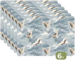 Placemats - 6 stuks - 45x30 cm - Placemat kunststof - Wolken - Kraanvogels - Blauw - Borden onderleggers - Decoratie voor op tafel - Keuken tafeldecoratie accessoires - Vinyl onderlegger - Tafelversiering
