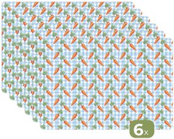 Placemats - 6 stuks - 45x30 cm - Placemat kunststof - Wortels - Oranje - Blauw - Geruit - Borden onderleggers - Decoratie voor op tafel - Keuken tafeldecoratie accessoires - Vinyl onderlegger - Tafelversiering