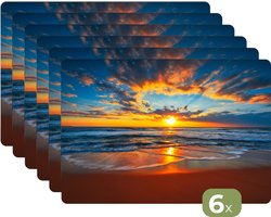 Placemats - 6 stuks - 45x30 cm - Placemat kunststof - Zee - Zonsondergang - Strand - Wolken - Oranje - Borden onderleggers - Decoratie voor op tafel - Keuken tafeldecoratie accessoires - Vinyl onderlegger - Tafelversiering
