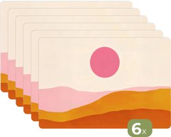 Placemats - 6 stuks - 45x30 cm - Placemat kunststof - Zon - Heuvels - Abstract - Roze - Borden onderleggers - Decoratie voor op tafel - Keuken tafeldecoratie accessoires - Vinyl onderlegger - Tafelversiering