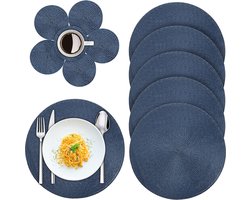 Placemats, afwasbaar, set van 12 placemats, rond, dubbelzijdige tafelloper, hittebestendig, antislip, placemats van PP, 6, 38 cm, placemats, placemats en 6 glazen onderzetters van 10 cm