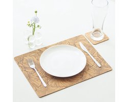 Placemats, afwasbaar, van kurk, placemat en onderzetters, set van 6 stuks, hittebestendige placemats, antislip tafelonderlegger, eettafel, onderzetters voor buiten, balkon en tuin