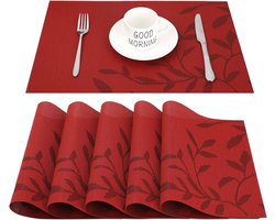 Placemats, afwasbare placemats, set van 6 stuks, gemaakt van PVC, hittebestendig, vinyl tafelmatten, vuilafstotende placemats voor thuis, restaurant, keuken en eettafel, 30 x 45 cm,Rood