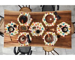 Placemats hexagon - Onderleggers placemats - Placemat zeshoek - Design - Retro - Theepot - Kleuren - 10 stuks