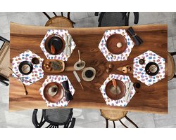 Placemats hexagon - Onderleggers placemats - Placemat zeshoek - Patronen - Thee - Rozen - Theepot - 6 stuks