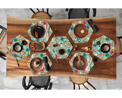 Placemats hexagon - Onderleggers placemats - Placemat zeshoek - Patronen - Thee - Theepot - Vintage - 8 stuks