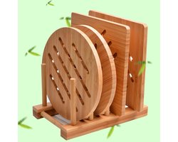 Placemats - Hittebestendige matten - Hittebestendige mattenset - 2 vierkante matten, 2 ronde matten, 1 opbergrek - Hittebestendig - Bamboe - Geschikt voor hete gerechten, potten, kommen, theepotten en pannen - Natuurlijke kleur