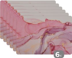 Placemats - Marmer - Roze - Goud - Onderleggers placemat - 45x30 cm - 6 stuks