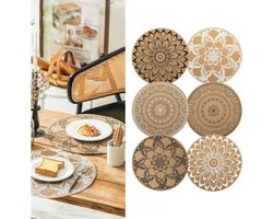 Placemats - Ronde placemats - Ronde placemats in Boheemse stijl - Rotan PVC placemats - Set van 6 - Wasbaar, hittebestendig, antislip, geschikt voor keukens, eetkamers en eettafels (meerdere patronen) - Bruin