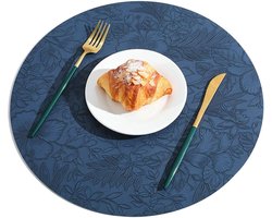 Placemats Set - Tafelonderleggers - Eettafel Beschermen - Waterafstotend Leer - 34 cm Rond - Donkerblauw