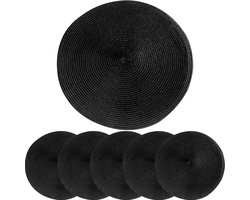 Placemats Set - Tafelonderleggers Rond - Eettafel Beschermen - Hittebestendig Geweven - 6 Stuks 38 cm - Zwart