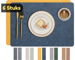 Placemats – Set van 6 – Dubbelzijdig en Antislip – Waterafstotende Onderleggers van Kunstleer Lederlook – Kunststof Onderzetters – 45 x 30 cm – Blauw / Geel