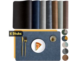 Placemats – Set van 6 – Dubbelzijdig en Antislip – Waterafstotende Onderleggers van Kunstleer Lederlook – Onderzetters – 45 x 30 cm– Blauw / Geel