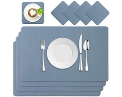 Placemats, tafelmatten, vierdelige set placemats/onderzetters, gemaakt van polyurethaan kunstleer, wasbaar en waterdicht, geschikt voor eettafels, bars en keukens. Blauw.