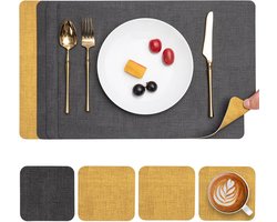 Placemats van leer en onderzetters, set van 4, placemats, antislip, dubbelzijdig, wasbaar, hittebestendig, grijs geel, set van 4