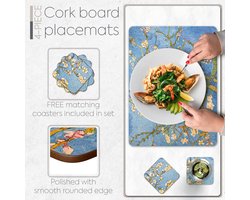Placemats voor eettafel, met 4 bijpassende drankonderzetters, blauw, botanisch design, 40,6 x 30,5 cm, onderkant van kurk, harde placemats (amandelbloesem)