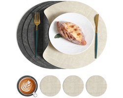 Placemats - Wasbare lederen placemats en onderzetters - Omkeerbare tweekleurige placemats - Rond - 33 cm diameter - Antislip glazen onderzetters - Placemats - Leren kunstleer placemats - Set van 4
