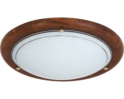 Plafond- en wandlamp rond Ø 30cm van gesatineerd glas en echt hout, E27 fitting, donkere afwerking, geschikt voor LED en gloeilampen - voor woonkamer, slaapkamer, keuken en hal