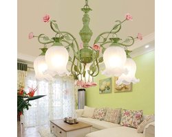 Plafondlamp Glas Bloem - Kroonluchter Armatuur - Sfeervolle Verlichting - Keramische Roze Bloemen - Diameter 78cm - Groen Wit