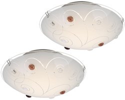 Plafondlamp glazen kap plafondlamp 1-vlam woonkamerverlichting opaal met decoratieve stenen, metalen chromen lijnen, 1x LED 8 Watt 640 lm, D 25cm, set van 2