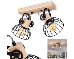 Plafondlamp in vintage design van hout en metaal, met verstelbare spotjes en grid-optiek