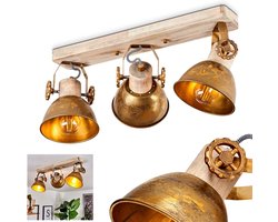 Plafondlamp Orny, 3-lichts plafondspot van hout en metaal in bronskleur, industriële/vintage look kamerlamp, 3 x E27, de lampkoppen zijn verstelbaar,zonder gloeilampen