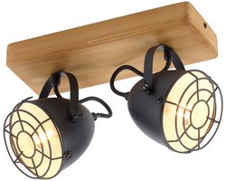 Plafondlamp spot zwart slaapkamerlamp 2-lichts landhuis houten lamp, zwenkbare spot, mat metaal, 2x E14 fitting, LxBxH 30,5x17x20 cm