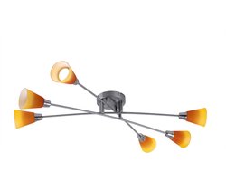 Plafondlamp Spotverlichting Woonkamerlamp Slaapkamer, 6 vlammen, nikkel mat chroom glas geel oranje, 6x GU10 9W 420Lm 2700K, HxLxD 15x77x45cm