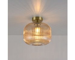Plafondlamp Virello ambra - Lamp voor binnen, gemaakt van geribbeld amberkleurig glas en goud metaal - Zonder lichtbron