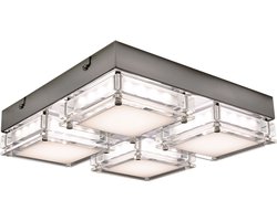 Plafondlamp Woonkamerlamp, 4-lichts, modern, metaal glas, chroom, 4x LED 3,2 watt 360 lumen 3500 Kelvin warm wit, LxBxH 28x28x6,5 cm