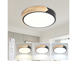 Plafondlamp Zwart Hout 30cm - 48W LED Lamp voor Slaapkamer - Dimbaar - Inclusief Afstandsbediening