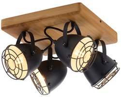 Plafondlamp zwart plafondspot 4-lichts woonkamerlamp landhuis houten lamp, zwenkbare spot, mat metaal, 4x E14 fitting, LxBxH 31x31x20 cm