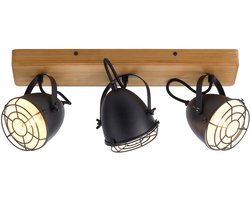 Plafondlamp zwart woonkamerlamp landhuis plafondlamp 3-lichts houten lamp, draaibare spot strip, mat metaal, 3x E14, LxBxH 46x17x20 cm