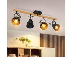 Plafondspot 4-vlammig Zwart - Draaibare Vintage Plafondlamp met Houtnerf voor Woonkamer, Slaapkamer en Kantoor