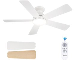 Plafondventilator 5 blad Ø132cm wit - stille ventilator – top kwaliteit - energie zuinig – met remote - ventilator voor laag plafond - 6 snelheden – beste alternatief voor airco - zomer en winter stand – witte ventilator