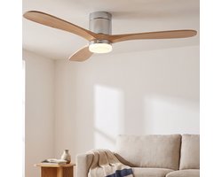 Plafondventilator met lamp - Diameter 132 cm - 3 kleurtemperaturen - massief houten bladen - Scandinavisch - natuurlijk hout en zilver