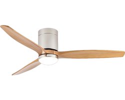 Plafondventilator met Verlichting - ø 132 cm - Kleur: Geborsteld RVS/Nikkel + Hout - Extra Stil: <25 dB - Plafondlamp met Ventilator - Ideaal voor Lage Plafonds