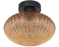 Plafonnieres Aurelio 4236ZW - Amberkleurig ufo ribbelglas, zwart metaal - Mexlite - Trendy plafondlamp voor binnen, geschikt voor E27 lampen