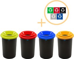 Plafor Eco Bin Prullenbak 50L – Set van 4 - Blauw/Groen/Rood/Geel + Sticker Set