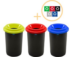Plafor Eco Bin Prullenbak voor afvalscheiding - 50L – Set van 3, Blauw/Groen/Rood - Inclusief 5-delige Stickerset - Afvalbak voor gemakkelijk Afval Scheiden en Recycling - Afvalemmer - Vuilnisbak voor Huishouden, Keuken en Kantoor - Afvalbakken